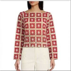 Chelsea & Violet Pink Granny Square Crochet LongSleeve Crop Top Womens Small NWT